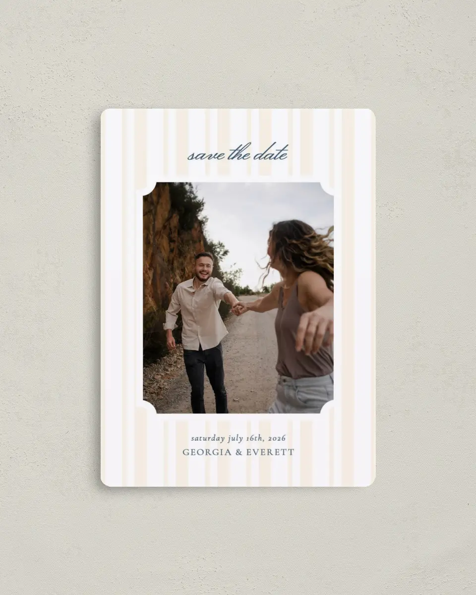 This is a 4" x 5½" Save the Date Magnet called The Georgia printed in full color with a Luxe Satin finish