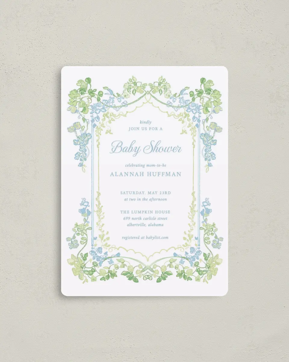 This is a 4" x 5½" Baby Shower Invitation Magnet called Elegant Vines printed in full color with a Luxe Satin finish