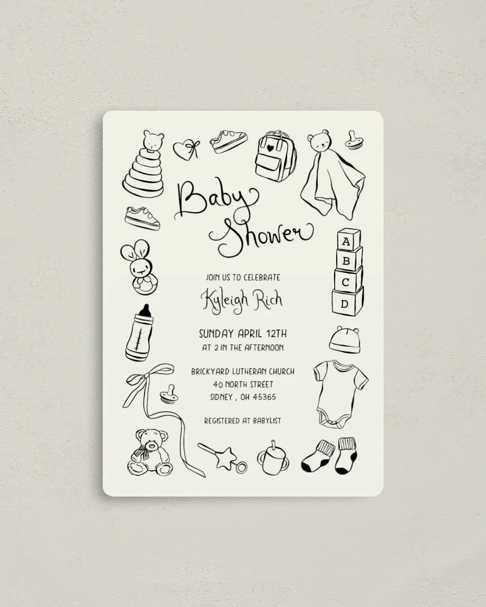 This is a 4" x 5½" Bridal Shower Invitation Magnet called Darling Doodle printed in full color with a Luxe Satin finish