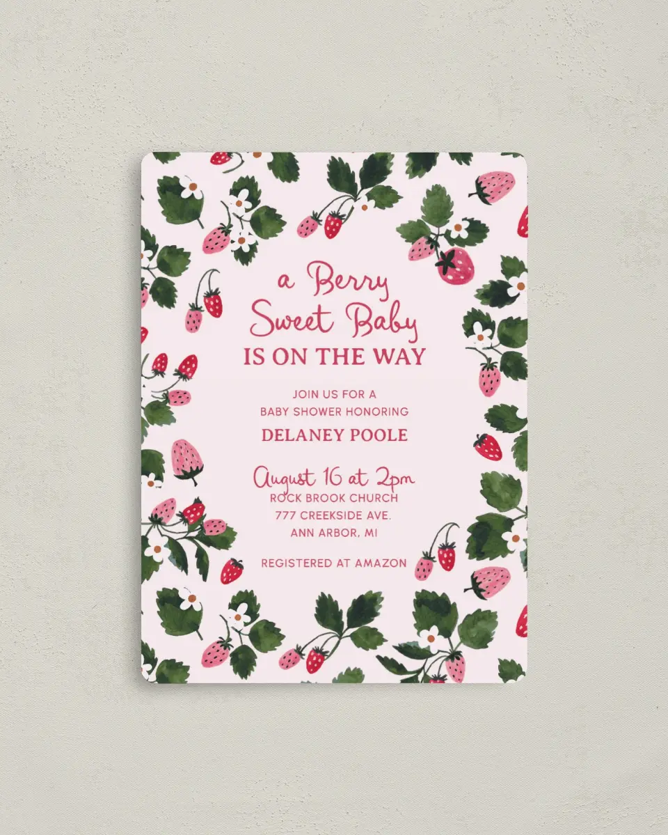 This is a 4" x 5½" Bridal Shower Invitation Magnet called Berry Sweet Baby printed in full color with a Luxe Satin finish