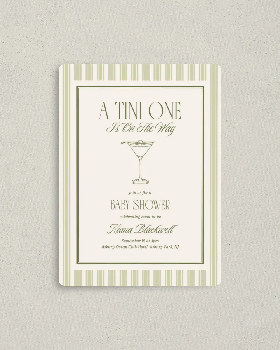 This is a 4" x 5½" Baby Shower Invitation Magnet called A Tini One printed in full color with a Luxe Satin finish