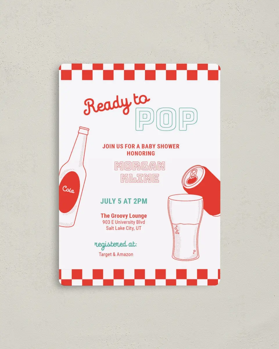 This is a 4" x 5½" Baby Shower Invitation Magnet called Soda Pop printed in full color with a Luxe Satin finish