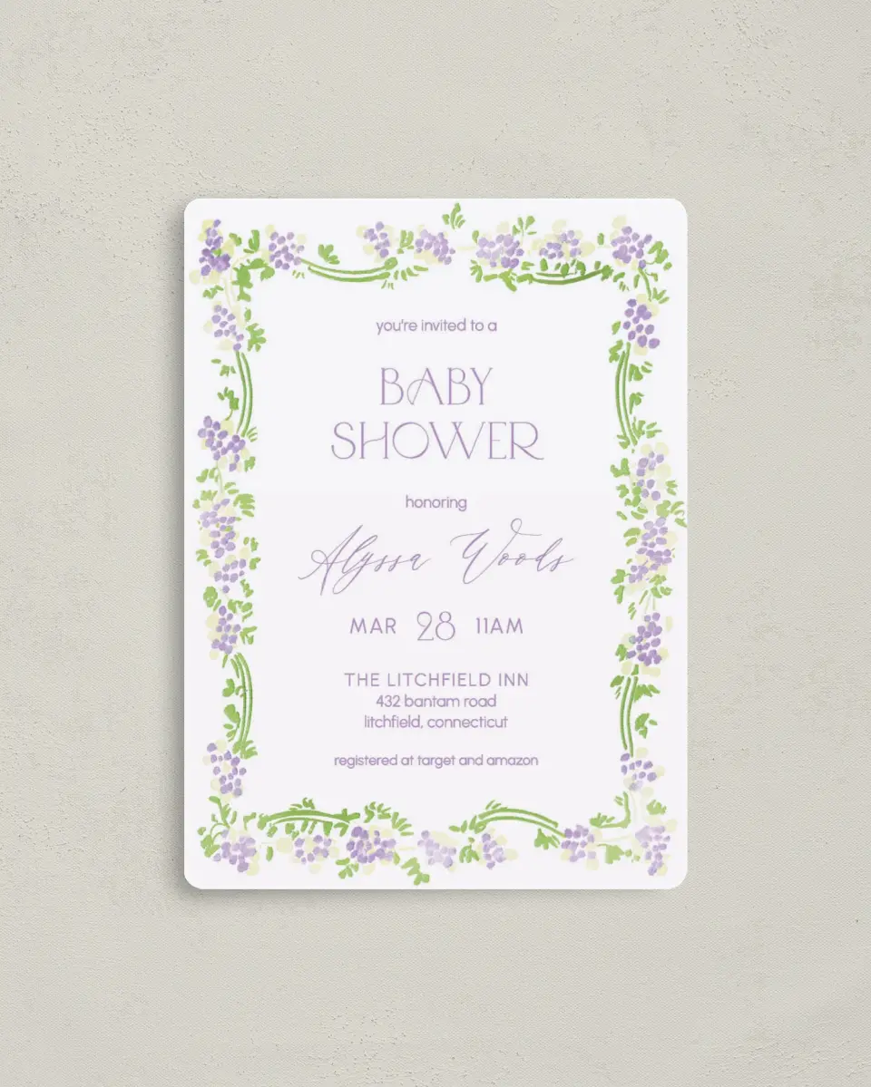 This is a 4" x 5½" Bridal Shower Invitation Magnet called Lavender Bloom printed in full color with a Luxe Satin finish