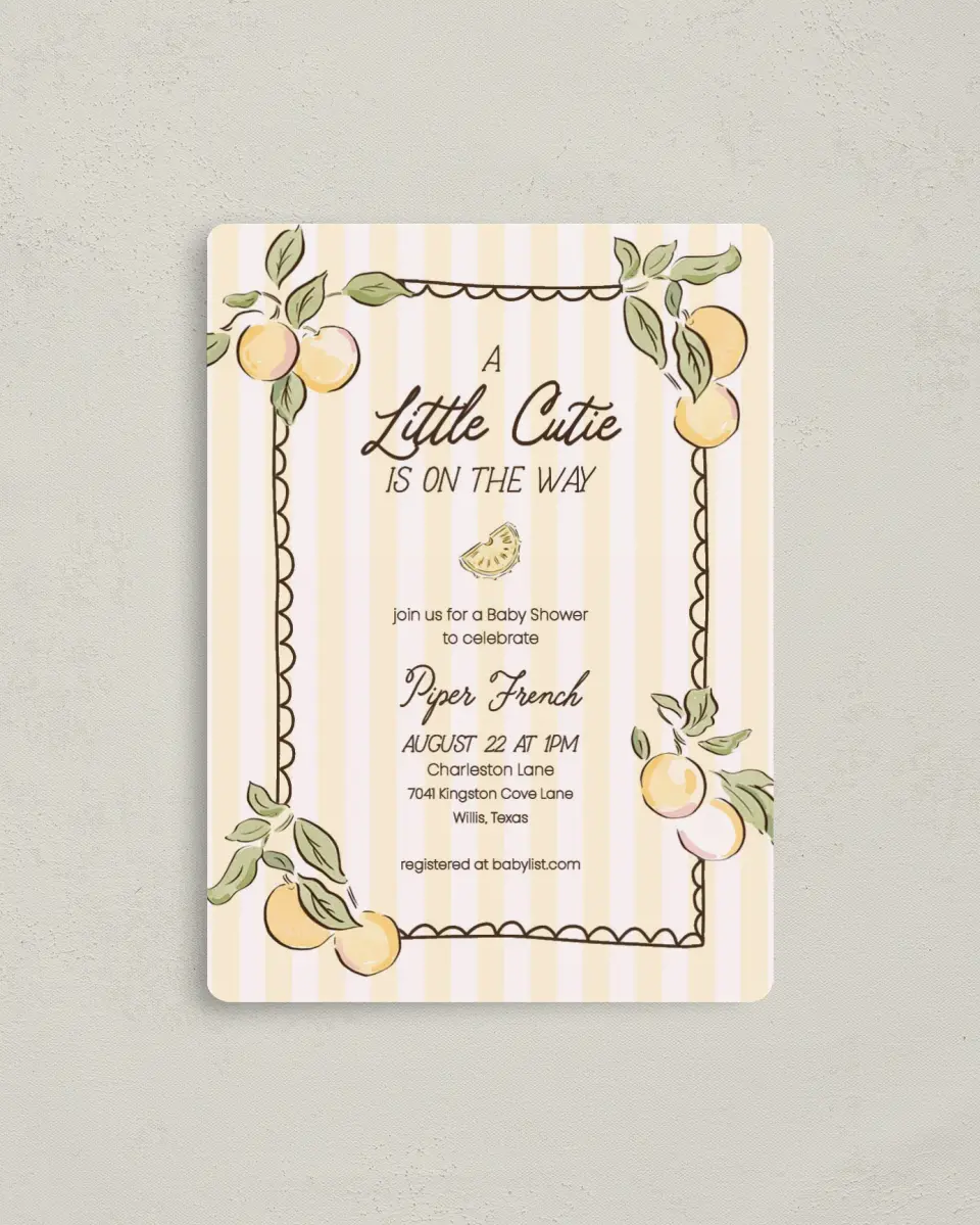 This is a 4" x 5½" Baby Shower Invitation Magnet called Summer Cutie printed in full color with a Luxe Satin finish
