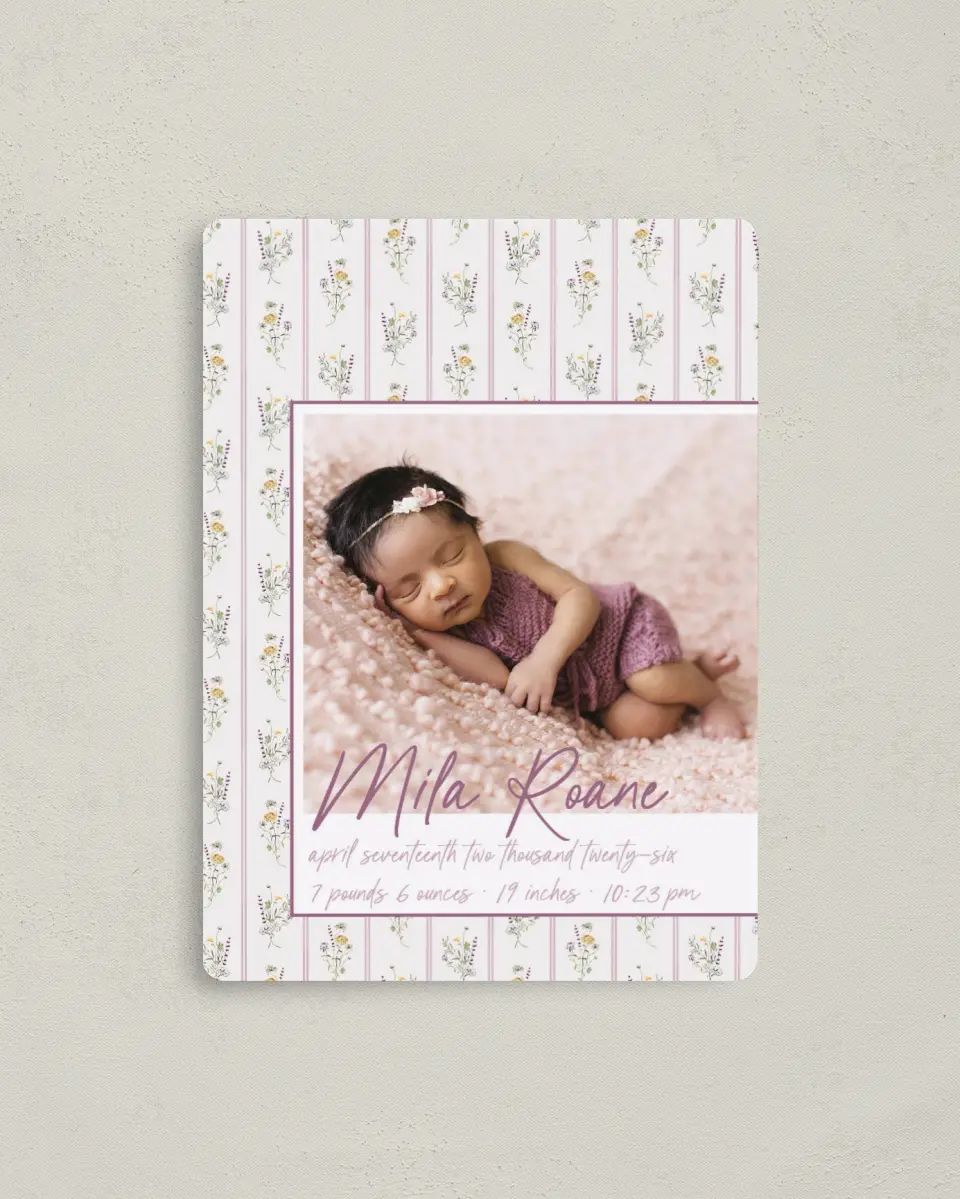 This is a 4" x 5½" Birth Announcement Magnet called Lovely Mauve Vintage printed in full color with Gold foil and a Luxe Satin finish