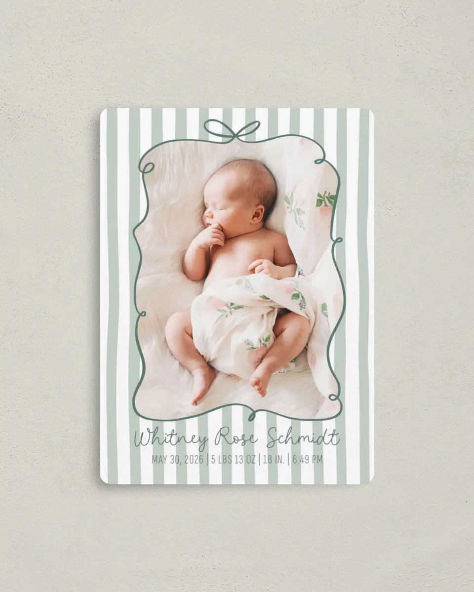 This is a 4" x 5½" Birth Announcement Magnet called Silly Baby printed in full color with Gold foil and a Luxe Satin finish