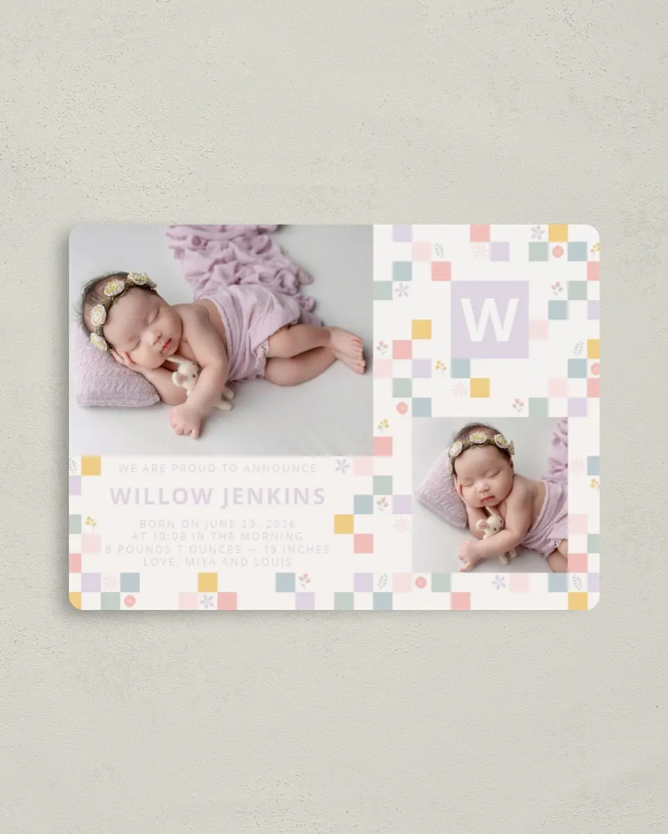 This is a 4" x 5½" Birth Announcement Magnet called Cheeky & Checkered printed in full color with a Luxe Satin finish