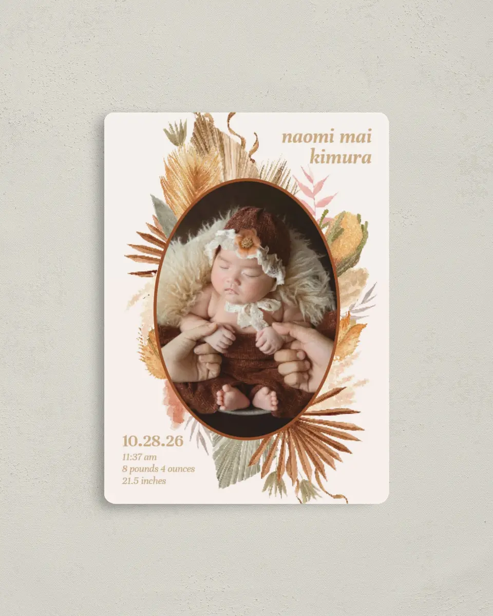 This is a 4" x 5½" Birth Announcement Magnet called Free Spirit printed in full color with Gold foil and a Luxe Satin finish