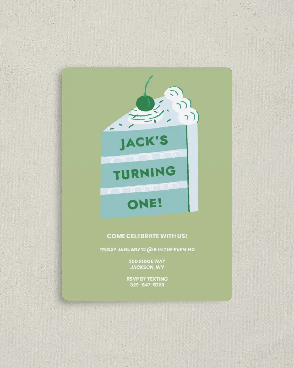 This is a 4" x 5½" Birthday Party Invitation called Slice of Fun printed in full color with a Luxe Satin finish