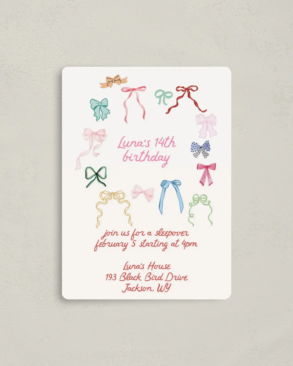 This is a 4" x 5½" Birthday Party Invitation called Bow Birthday printed in full color with a Luxe Satin finish