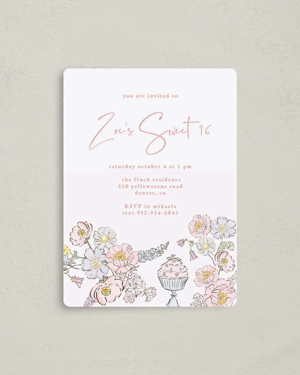 This is a 4" x 5½" Birthday Party Invitation called Sweet Flowers printed in full color with a Luxe Satin finish