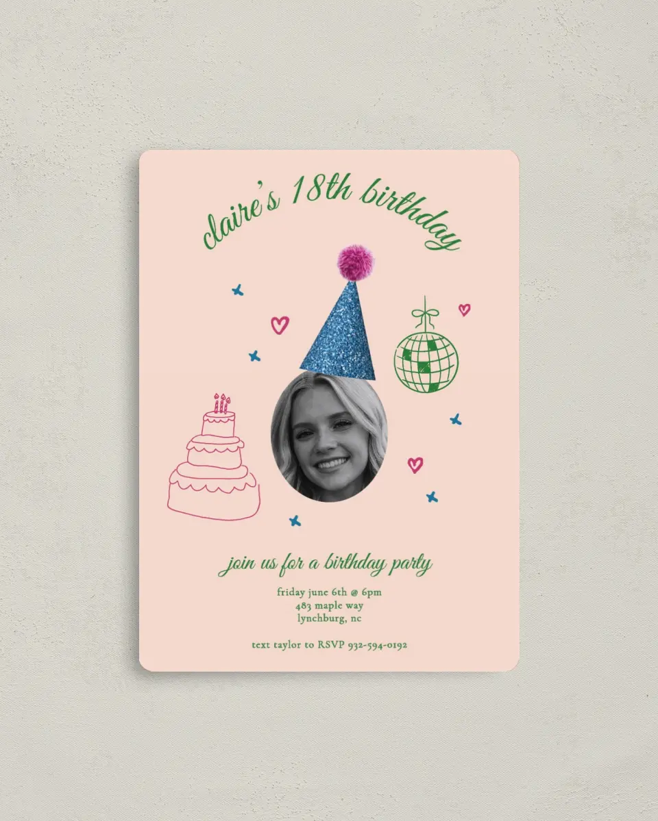 This is a 4" x 5½" Birthday Party Invitation called Party Hat printed in full color with a Luxe Satin finish