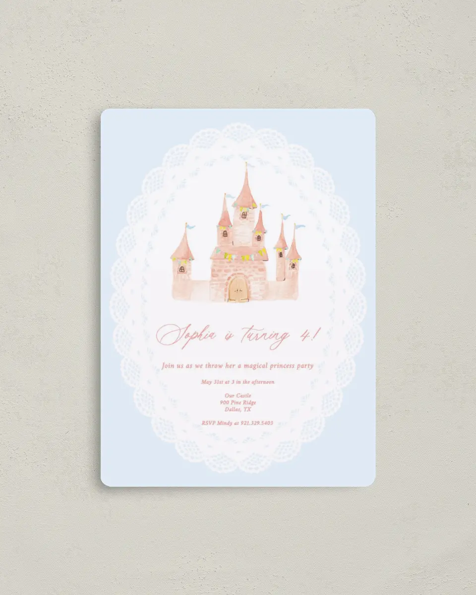 This is a 4" x 5½" Birthday Party Invitation called Princess Castle printed in full color with a Luxe Satin finish