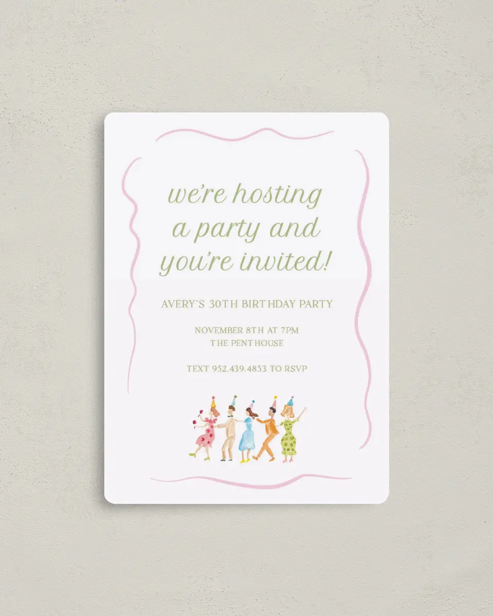 This is a 4" x 5½" Birthday Party Invitation called Dance Party printed in full color with a Luxe Satin finish