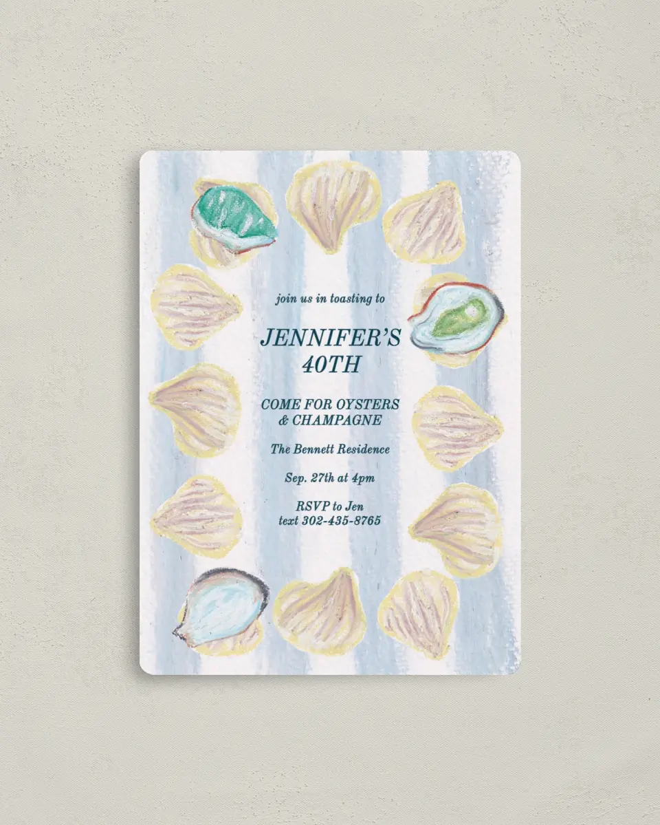 This is a 4" x 5½" Birthday Party Invitation called Shucking Party printed in full color with a Luxe Satin finish
