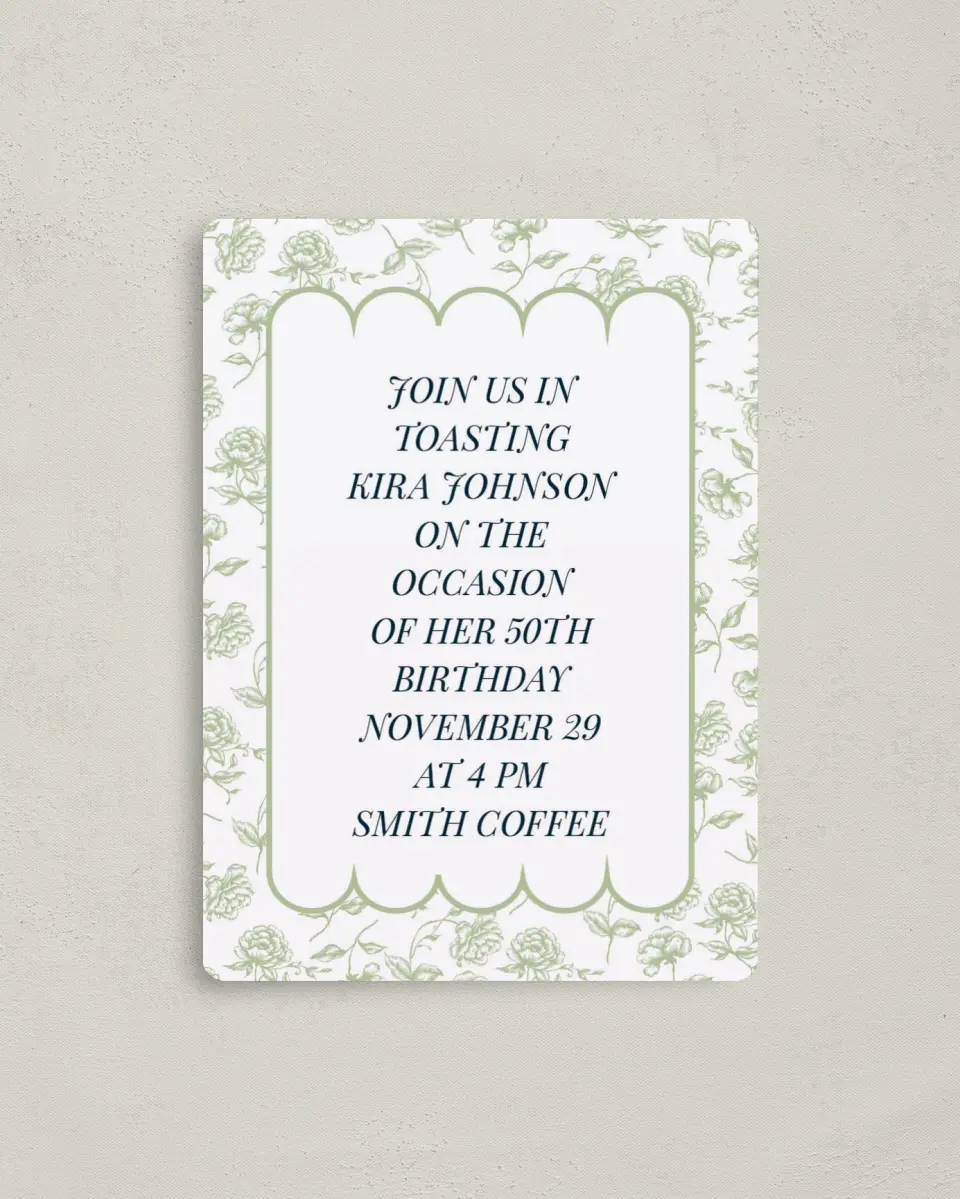 This is a 4" x 5½" Birthday Party Invitation called Floral Scallops printed in full color with a Luxe Satin finish