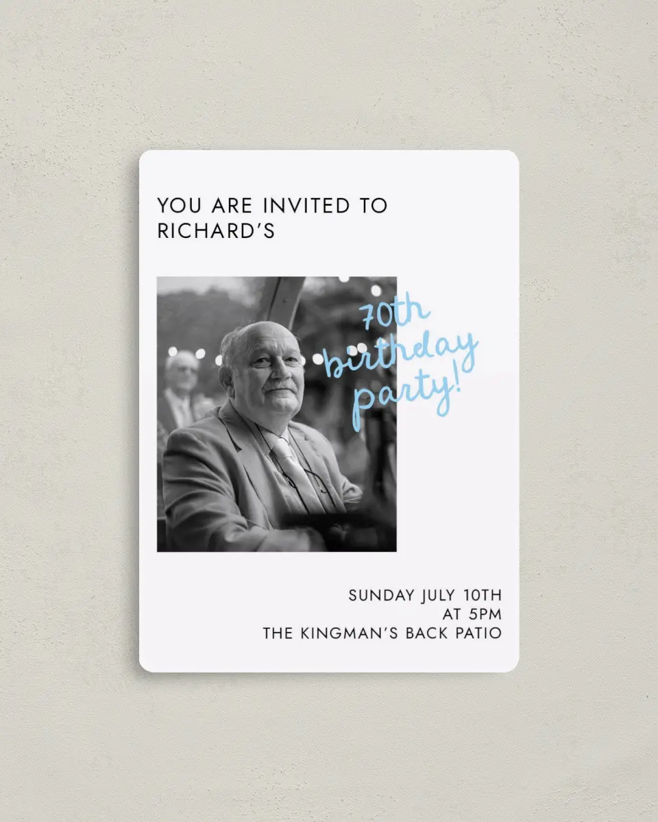 This is a 4" x 5½" Birthday Party Invitation called Older and Wiser printed in full color with a Luxe Satin finish