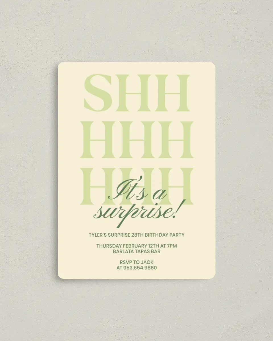 This is a 4" x 5½" Birthday Party Invitation called Surprise Party! printed in full color with a Luxe Satin finish