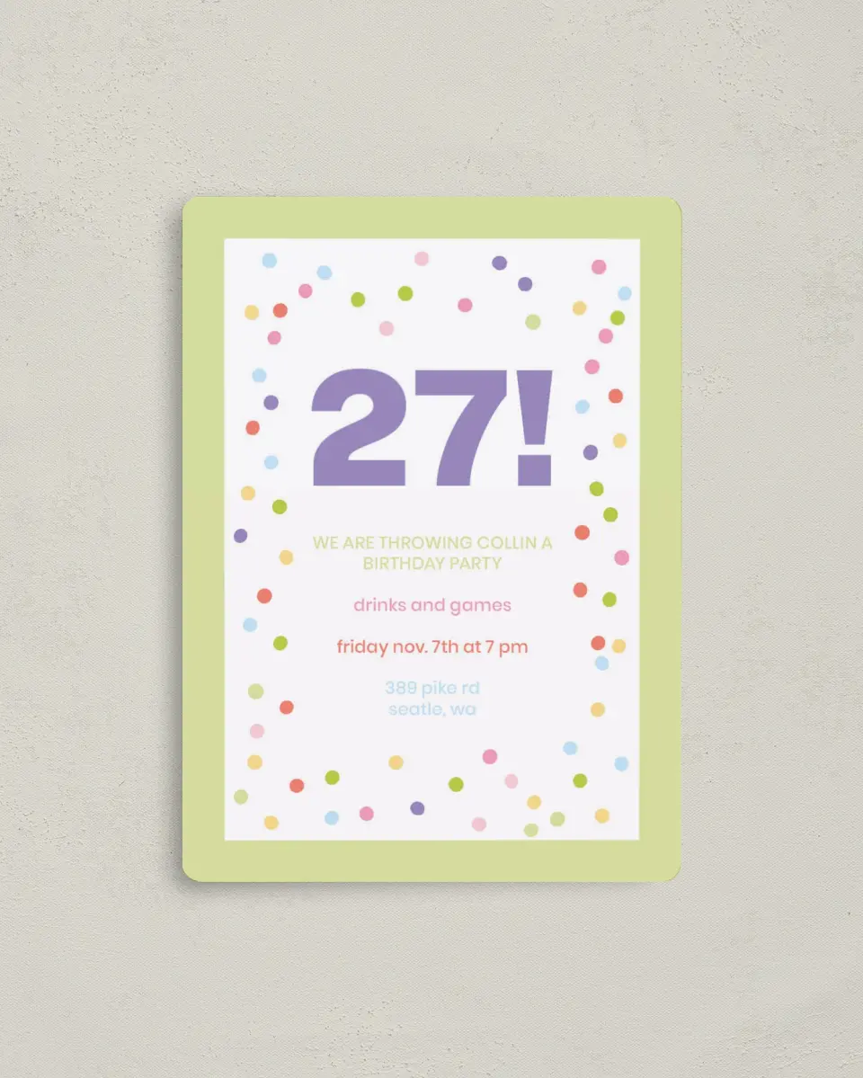 This is a 4" x 5½" Birthday Party Invitation called Confetti Fun printed in full color with a Luxe Satin finish