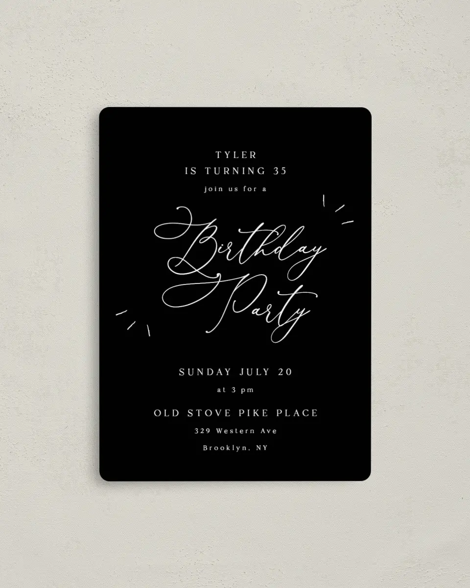 This is a 4" x 5½" Birthday Party Invitation called One Year Older printed in full color with a Luxe Satin finish