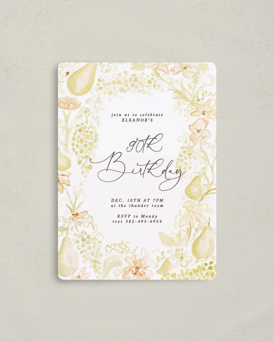 This is a 4" x 5½" Birthday Party Invitation called Timeless Moments printed in full color with a Luxe Satin finish
