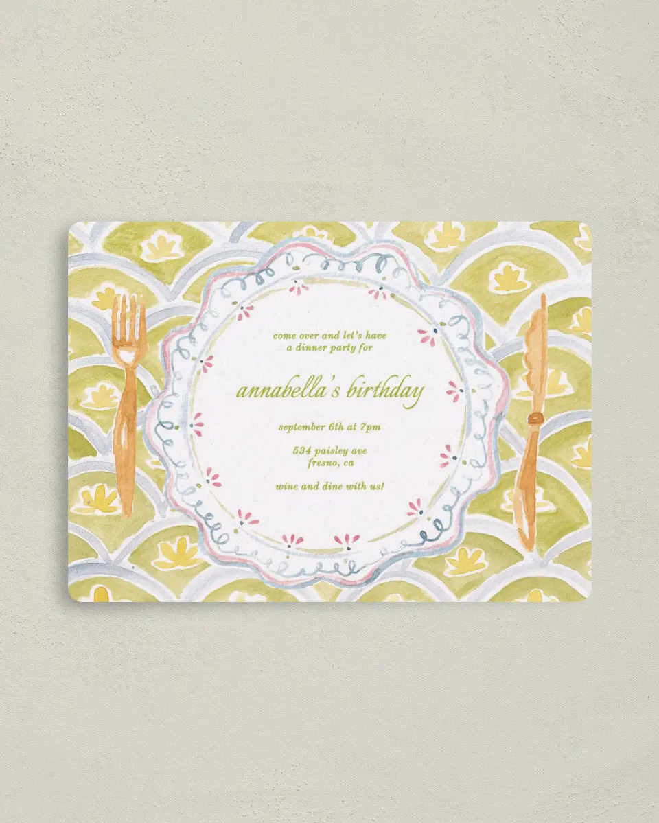 This is a 4" x 5½" Birthday Party Invitation called Wine and Dine printed in full color with a Luxe Satin finish