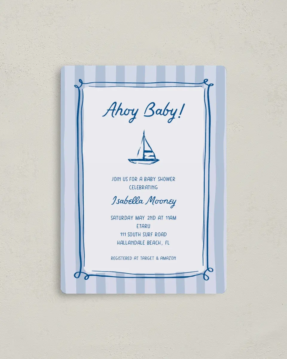 This is a 4" x 5½" Baby Shower Invitation Magnet called Ahoy Baby printed in full color with a Luxe Satin finish