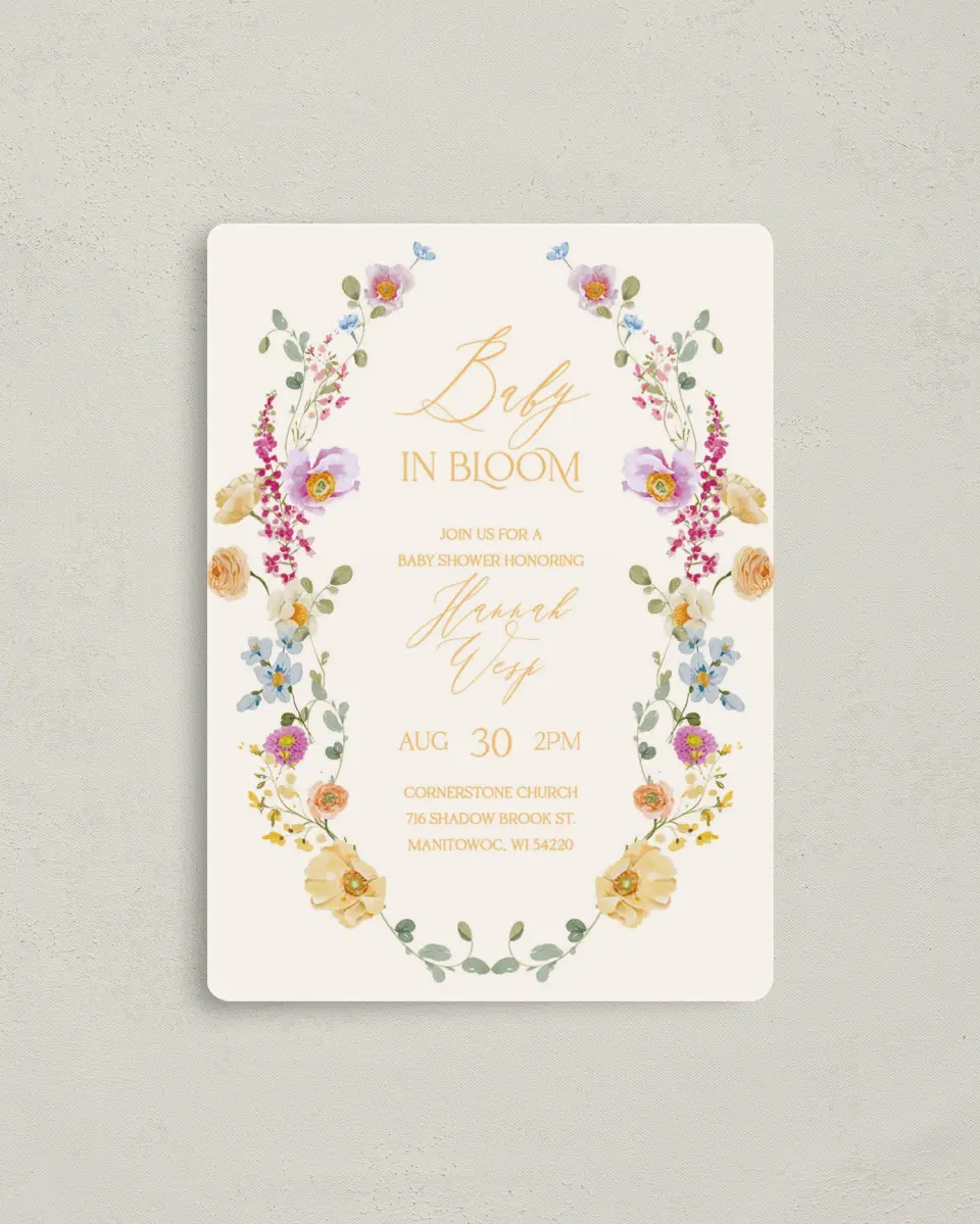 This is a 4" x 5½" Baby Shower Invitation Magnet called Colorful Blooms printed in full color with a Luxe Satin finish