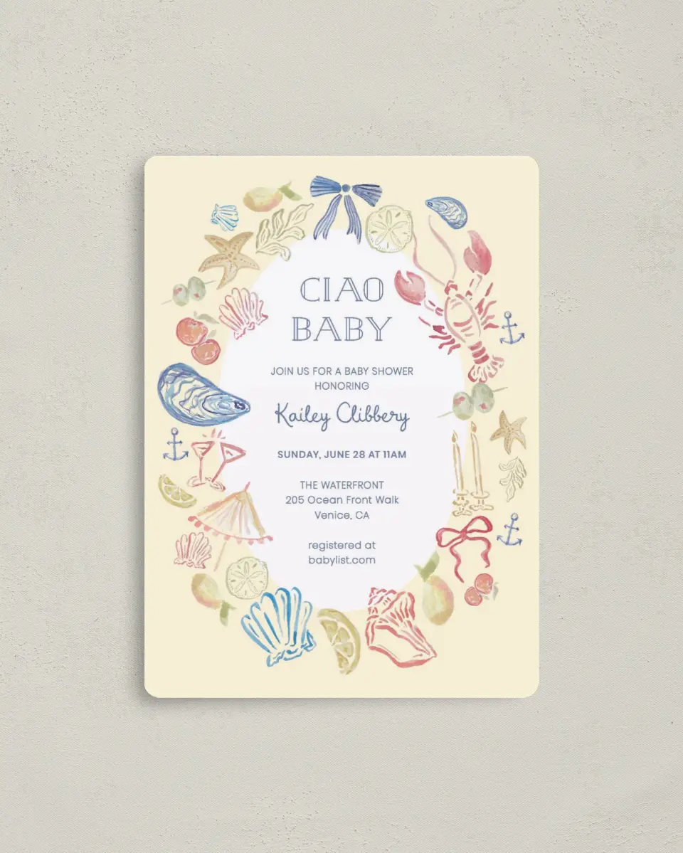 This is a 4" x 5½" Baby Shower Invitation Magnet called Ciao Baby printed in full color with a Luxe Satin finish