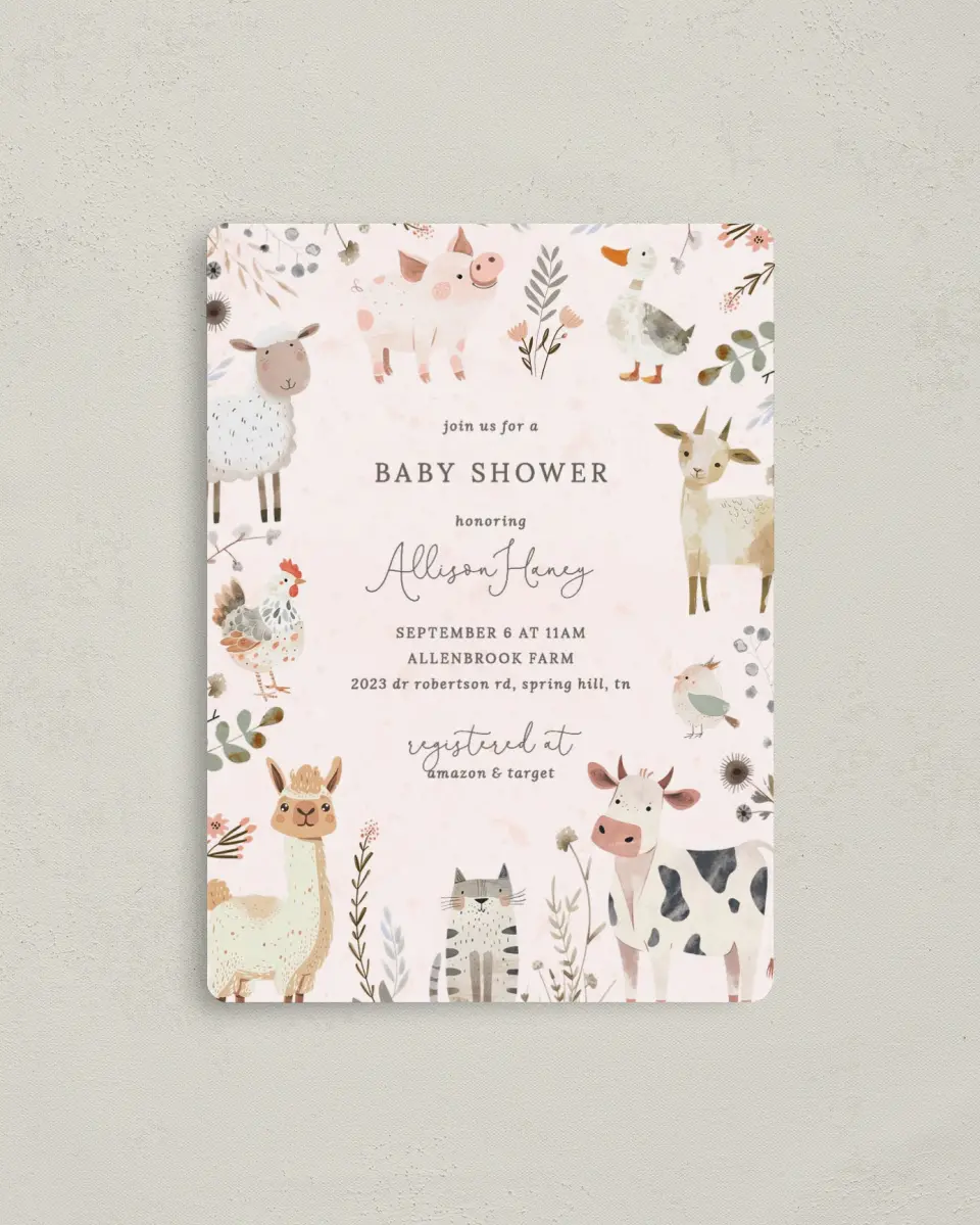 This is a 4" x 5½" Baby Shower Invitation Magnet called Barnyard Baby printed in full color with a Luxe Satin finish