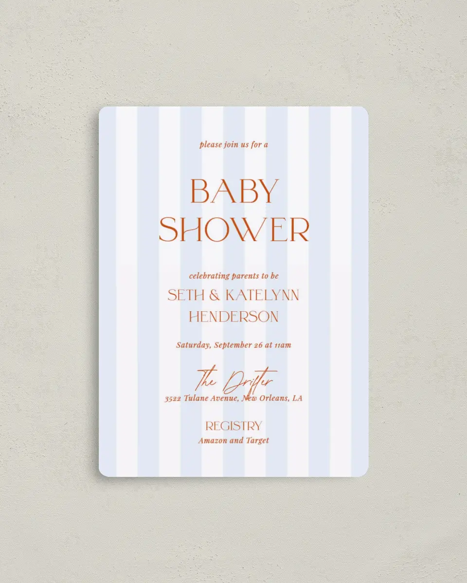 This is a 4" x 5½" Bridal Shower Invitation Magnet called Sweet Stripes printed in full color with a Luxe Satin finish