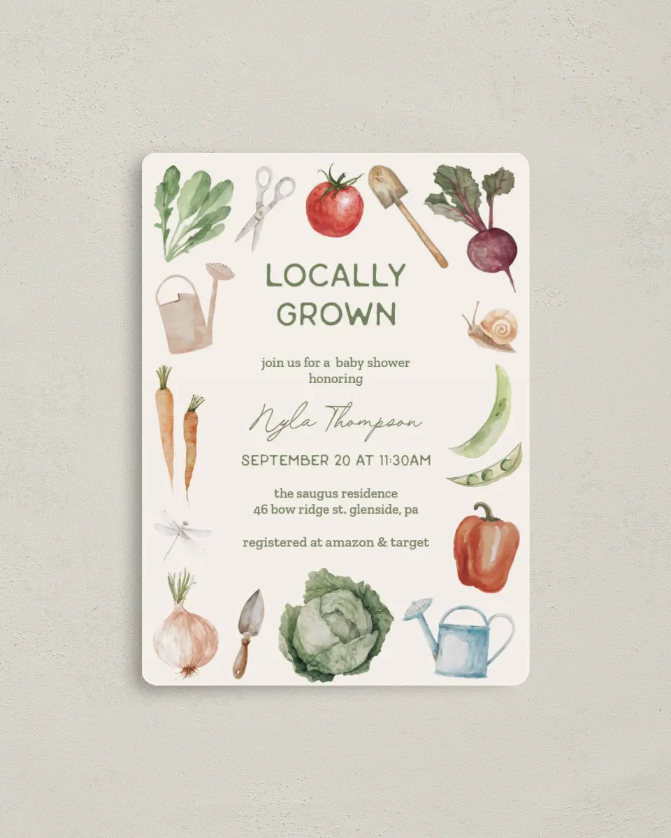 This is a 4" x 5½" Baby Shower Invitation Magnet called Locally Grown printed in full color with a Luxe Satin finish