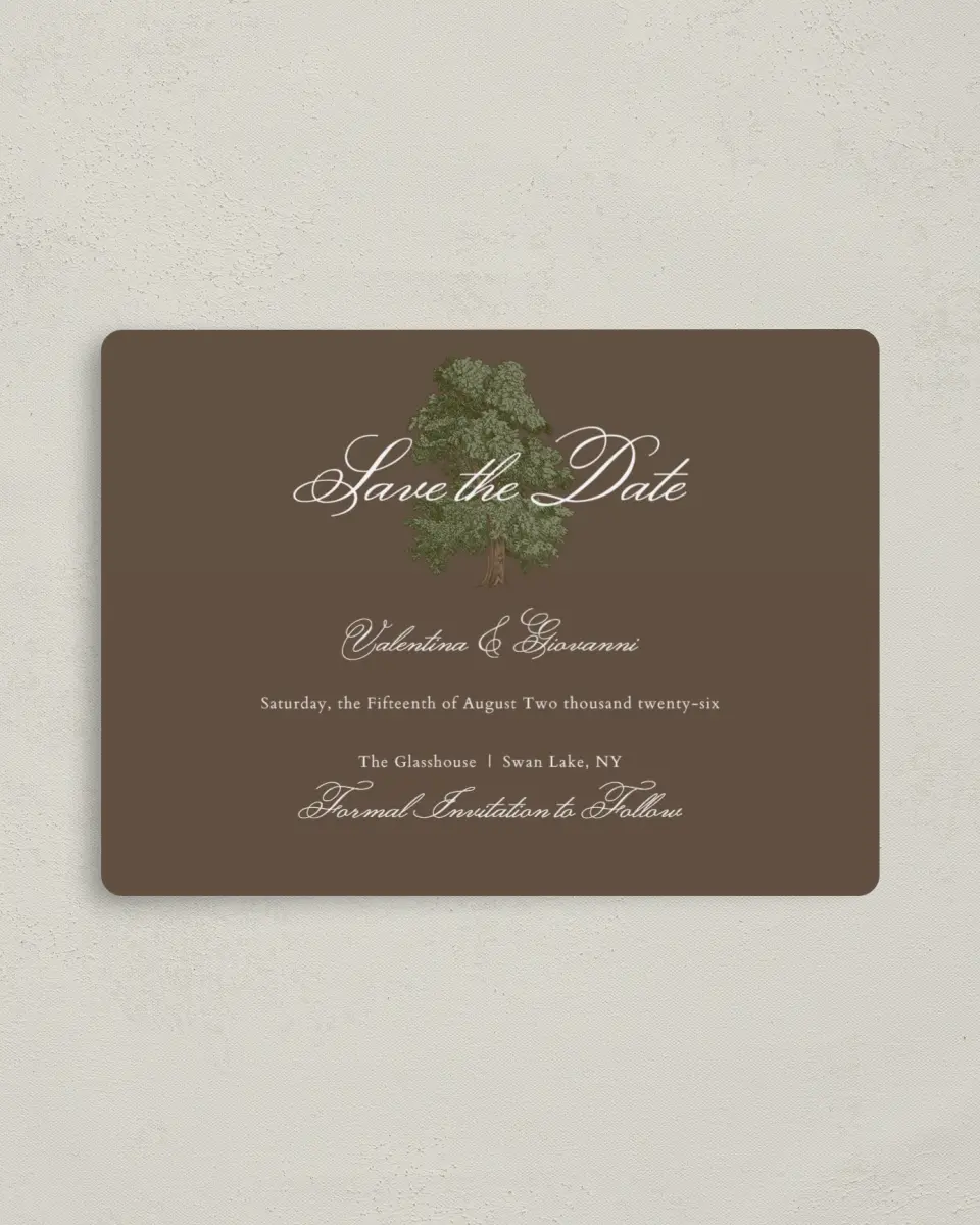 This is a 4" x 5½" Save the Date Magnet called Holloway printed in full color with a Luxe Satin finish