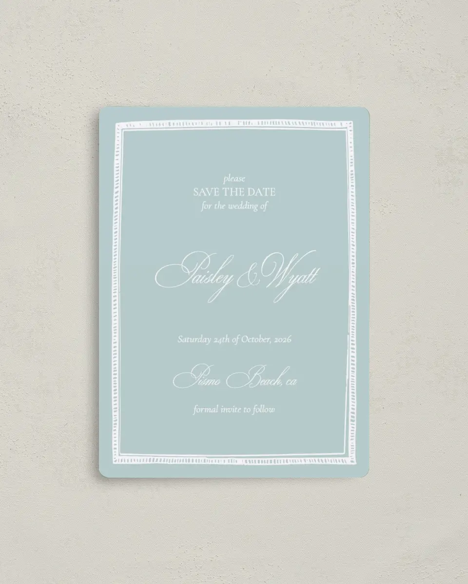 This is a 4" x 5½" Save the Date Magnet called Kensington printed in full color with a Luxe Satin finish