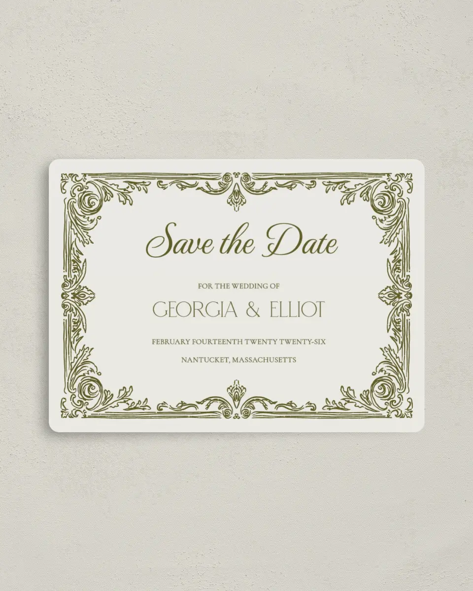 This is a 4" x 5½" Save the Date Magnet called Nantucket printed in full color with a Luxe Satin finish