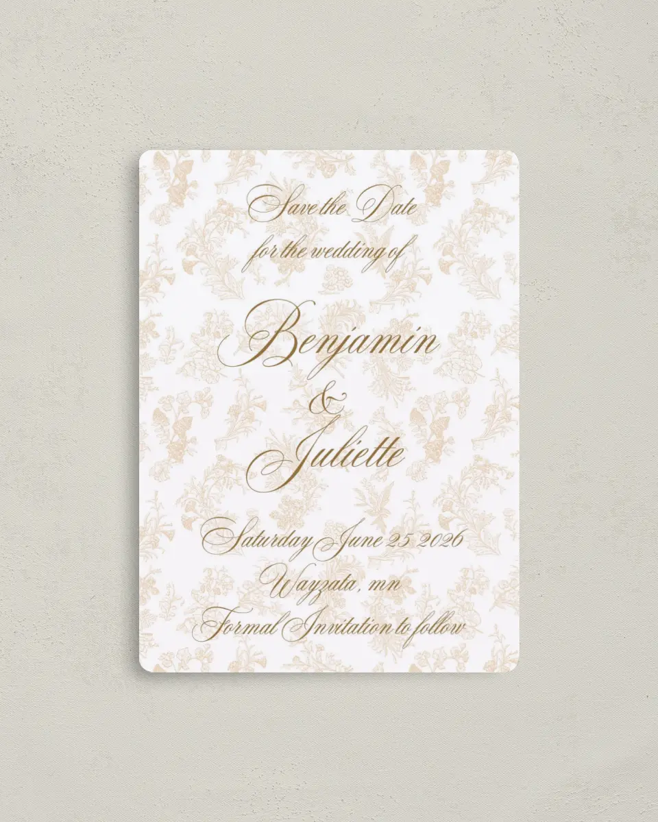 This is a 4" x 5½" Save the Date Magnet called Wayzata printed in full color with a Luxe Satin finish