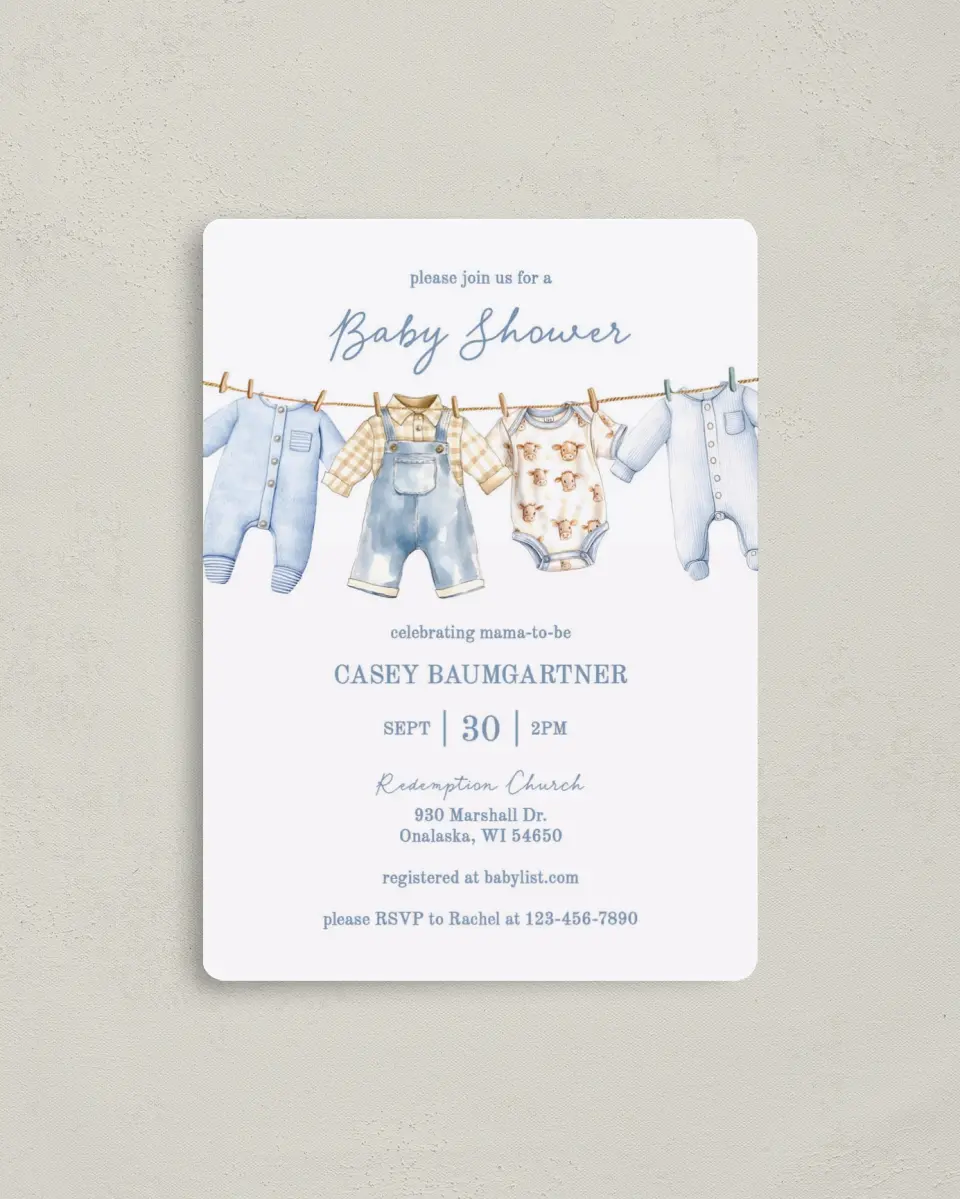 This is a 4" x 5½" Baby Shower Invitation Magnet called Country Clothesline printed in full color with a Luxe Satin finish