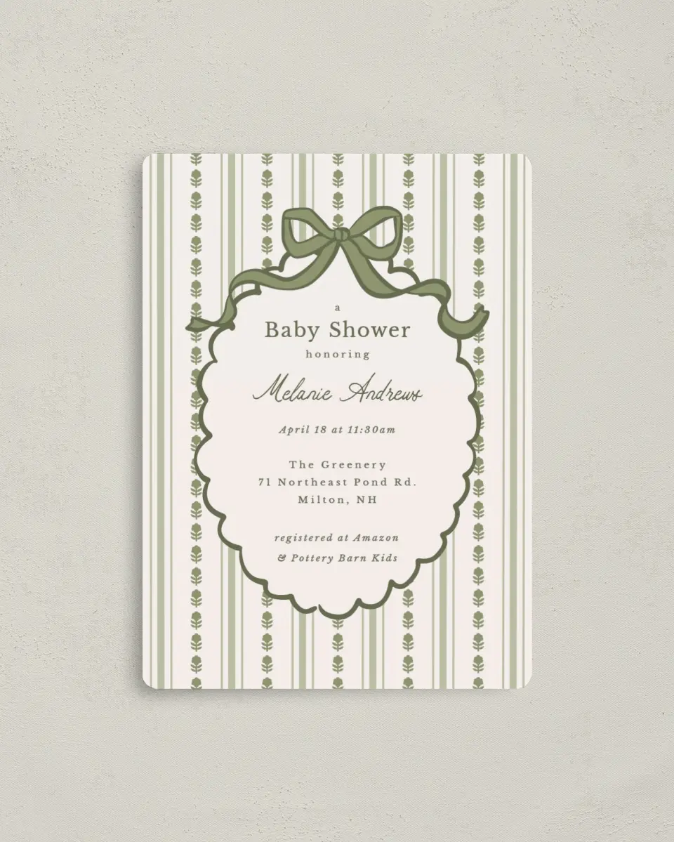 This is a 4" x 5½" Baby Shower Invitation Magnet called Coquette Darling printed in full color with a Luxe Satin finish