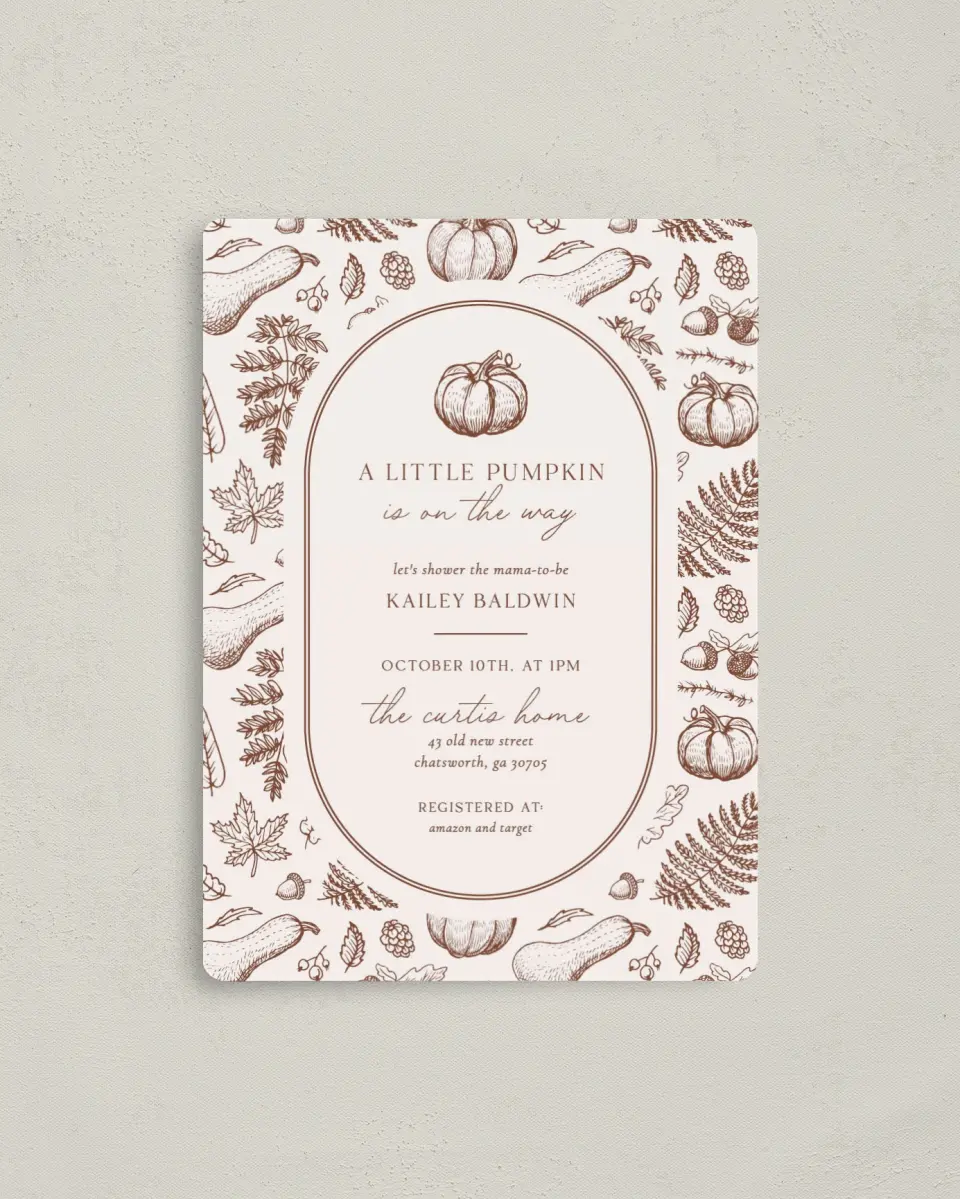 This is a 4" x 5½" Baby Shower Invitation Magnet called Precious Pumpkin printed in full color with a Luxe Satin finish