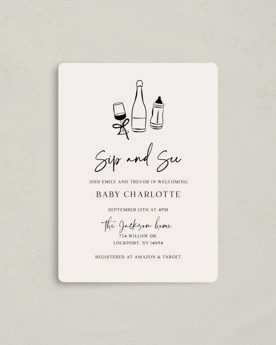 This is a 4" x 5½" Baby Shower Invitation Magnet called Sip & See printed in full color with a Luxe Satin finish