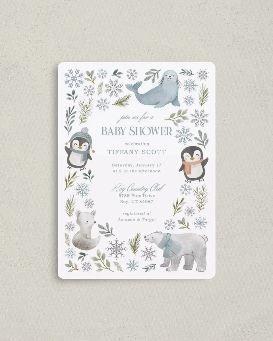 This is a 4" x 5½" Baby Shower Invitation Magnet called Arctic Animals printed in full color with a Luxe Satin finish