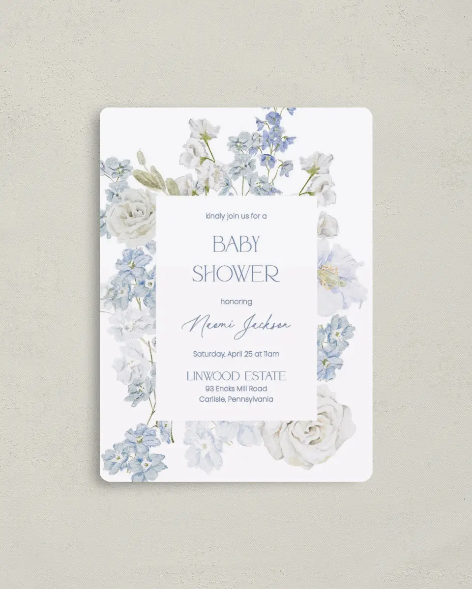 This is a 4" x 5½" Baby Shower Invitation Magnet called Darling Delphinium printed in full color with a Luxe Satin finish