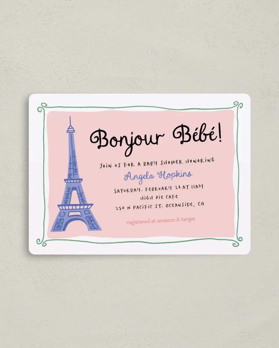 This is a 4" x 5½" Baby Shower Invitation Magnet called Bonjour Bebe printed in full color with a Luxe Satin finish