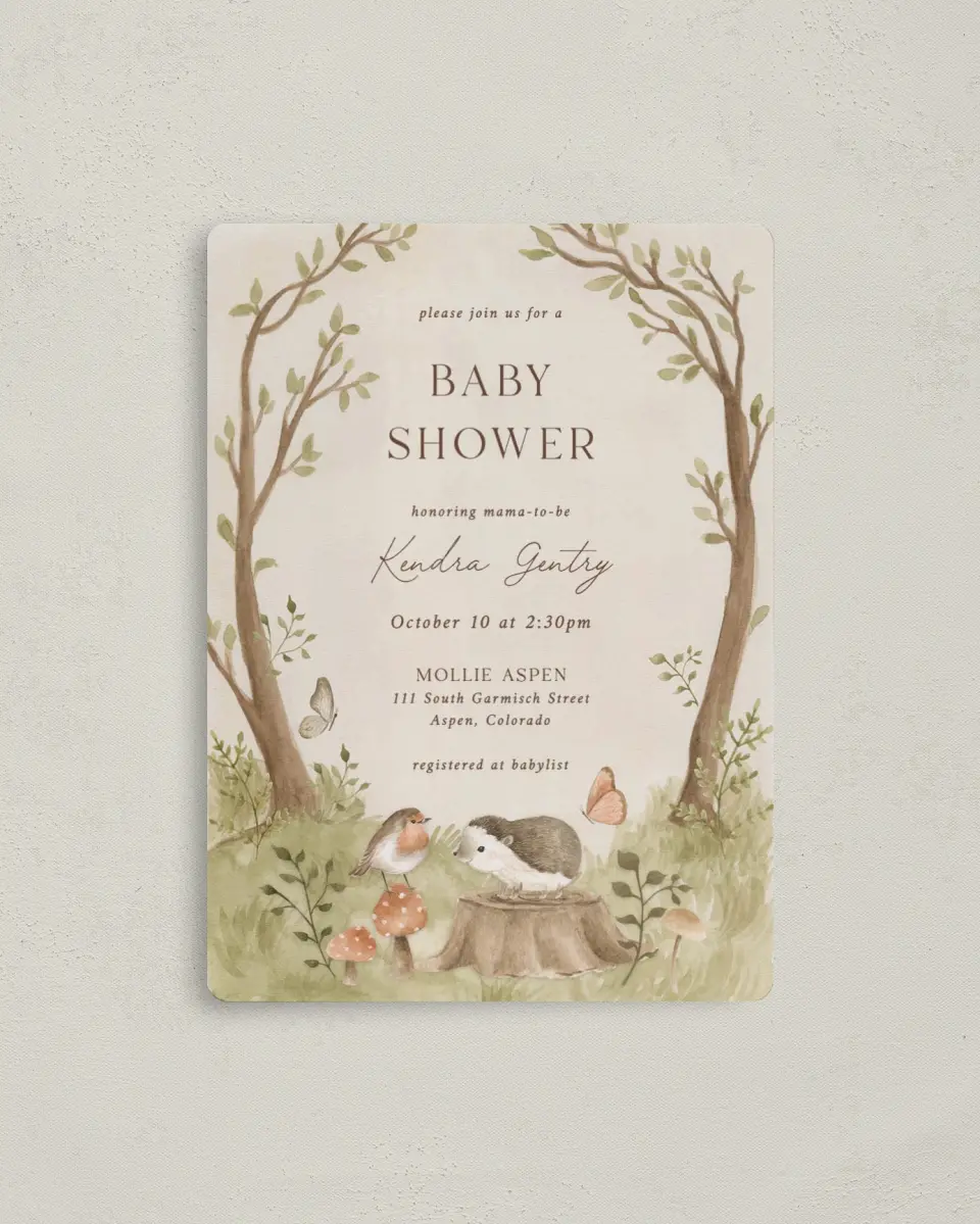 This is a 4" x 5½" Baby Shower Invitation Magnet called Enchanting Forest printed in full color with a Luxe Satin finish