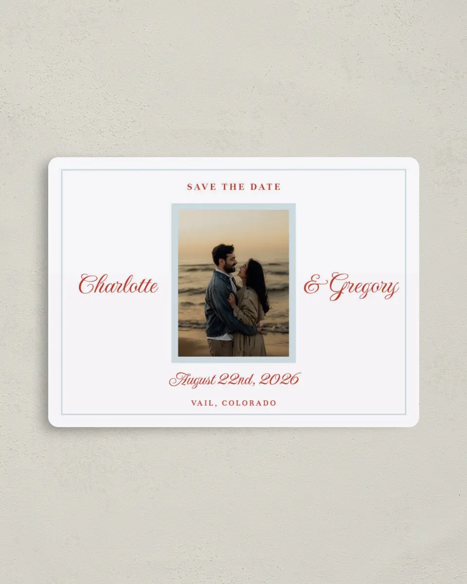 This is a 4" x 5½" Save the Date Magnet called Mod Elegance printed in full color with a Luxe Satin finish