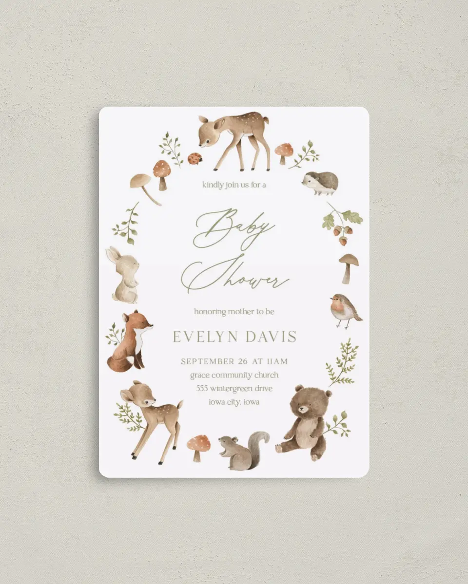 This is a 4" x 5½" Baby Shower Invitation Magnet called Woodland Wonder printed in full color with a Luxe Satin finish