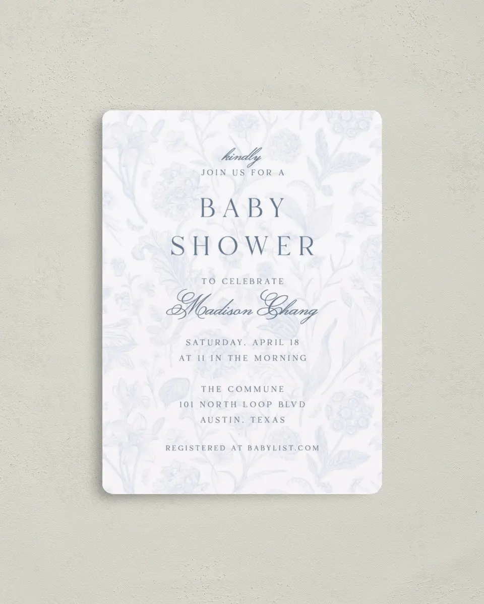 This is a 4" x 5½" Baby Shower Invitation Magnet called Blissful Blooms printed in full color with a Luxe Satin finish