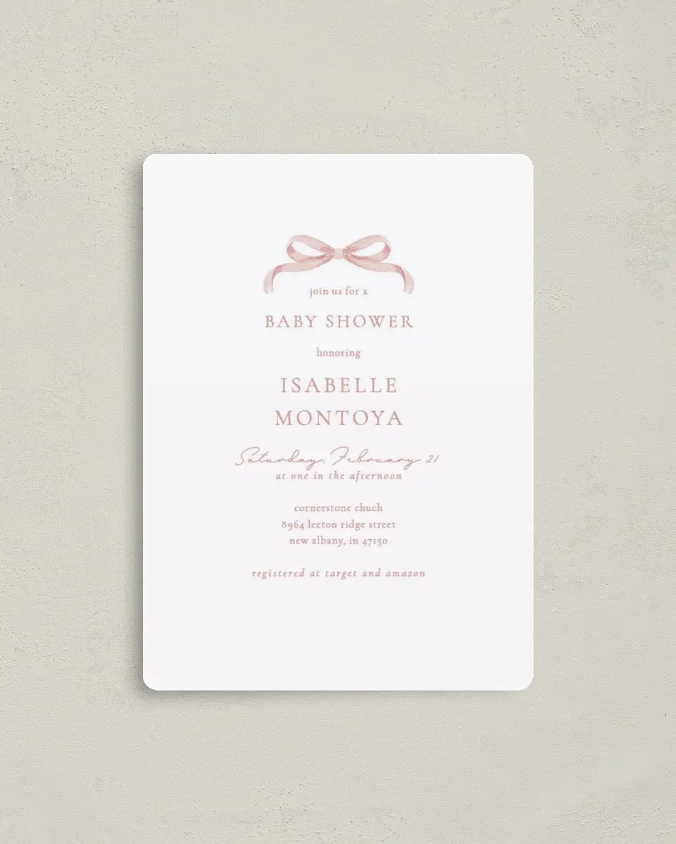 This is a 4" x 5½" Baby Shower Invitation Magnet called Bitty Bow printed in full color with a Luxe Satin finish