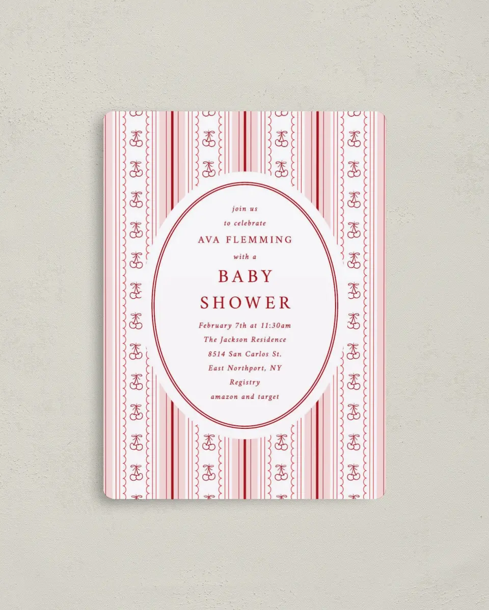 This is a 4" x 5½" Baby Shower Invitation Magnet called Coquette Cherries printed in full color with a Luxe Satin finish