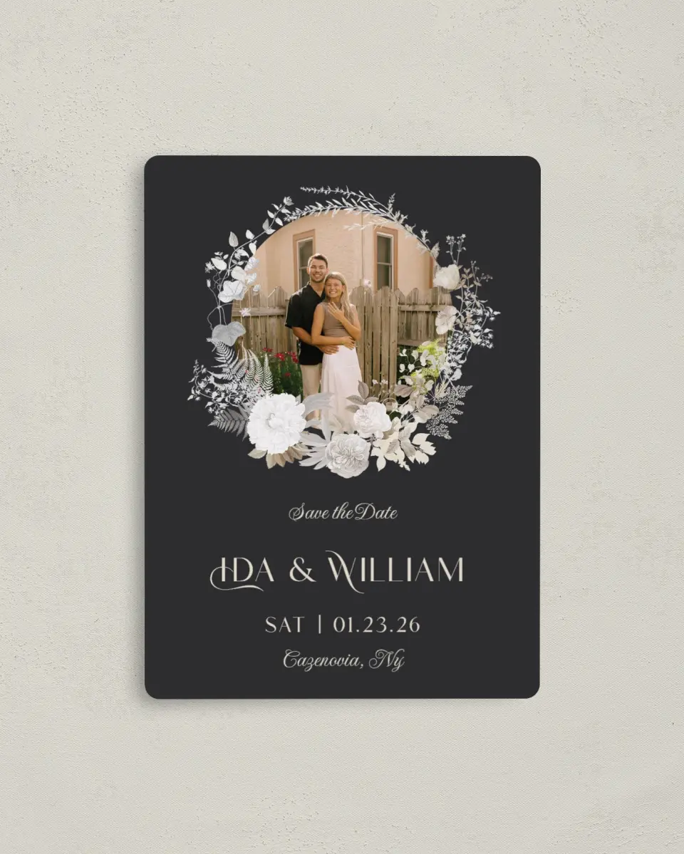 This is a 4" x 5½" Save the Date Magnet called Winter Wildflowers printed in full color with a Luxe Satin finish
